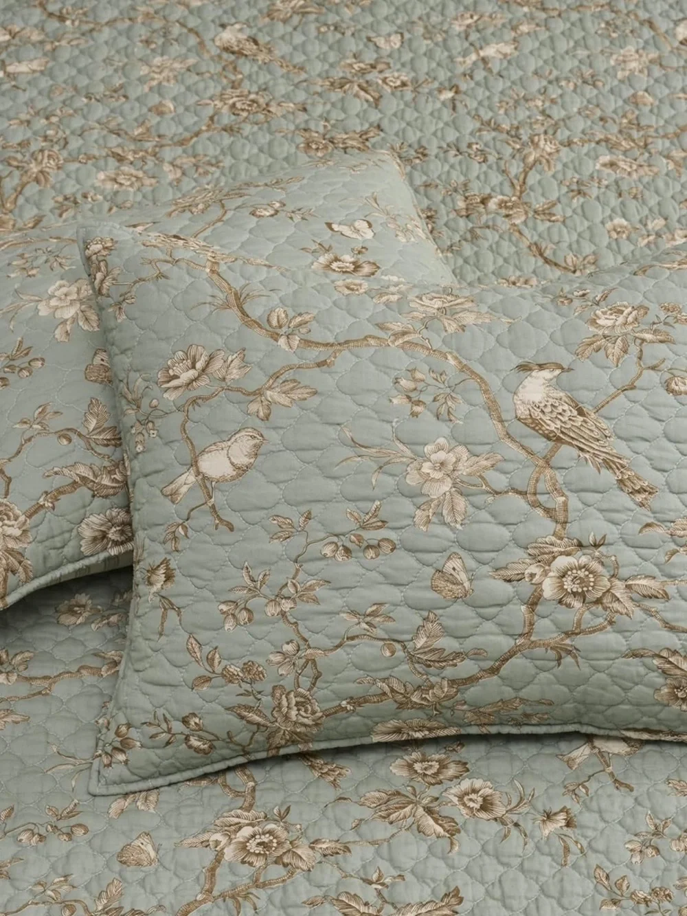 🆕 PB Style Reversible Quilt Set Brown Stripes Sage Floral Bird Toile Coverlet